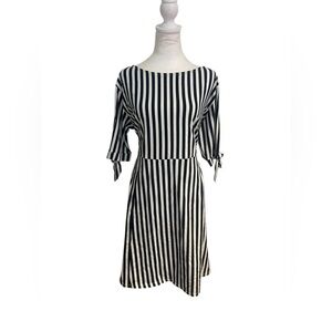 ASOS Size 16 Navy Blue & White Striped Dress Bow Sleeve Mid-Length Casual